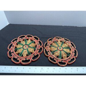 Vintage Hand-Woven Straw Trivet BCoasters Set Of 2 Decorative Floral Design Roun